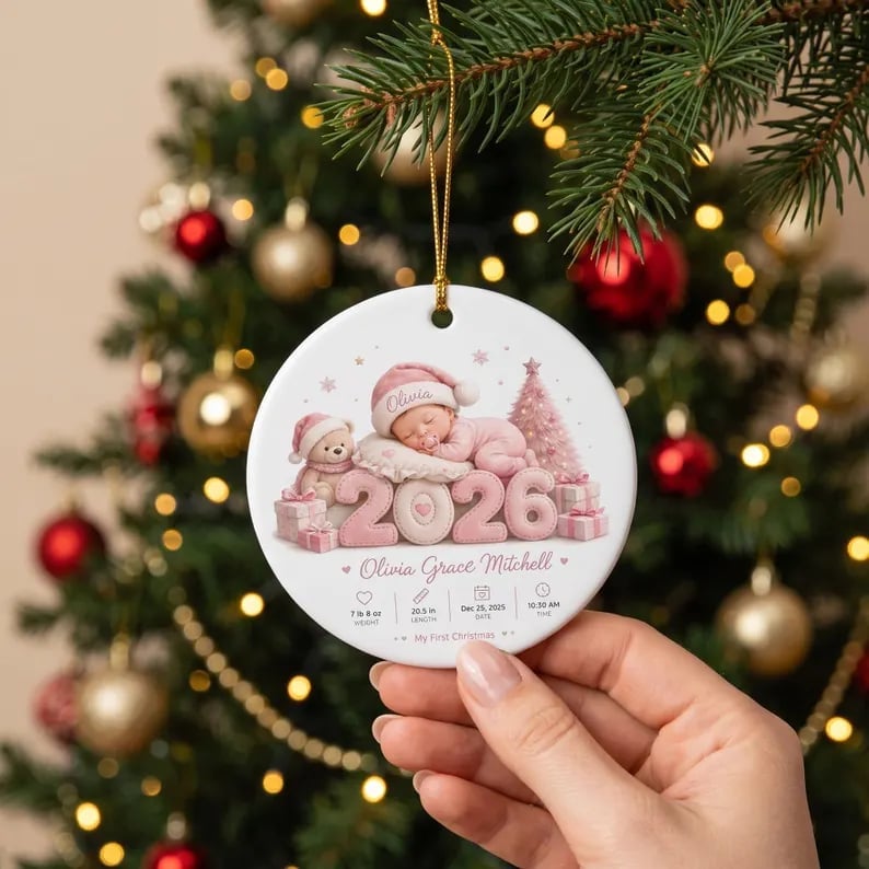 Custom New Baby Ornament Ceramic Personalized Christmas Birth Announcement Gift product image view 4