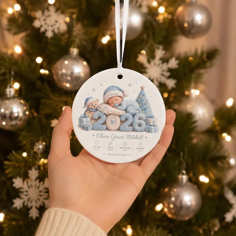 Custom New Baby Ornament Ceramic Personalized Christmas Birth Announcement Gift product image view 5