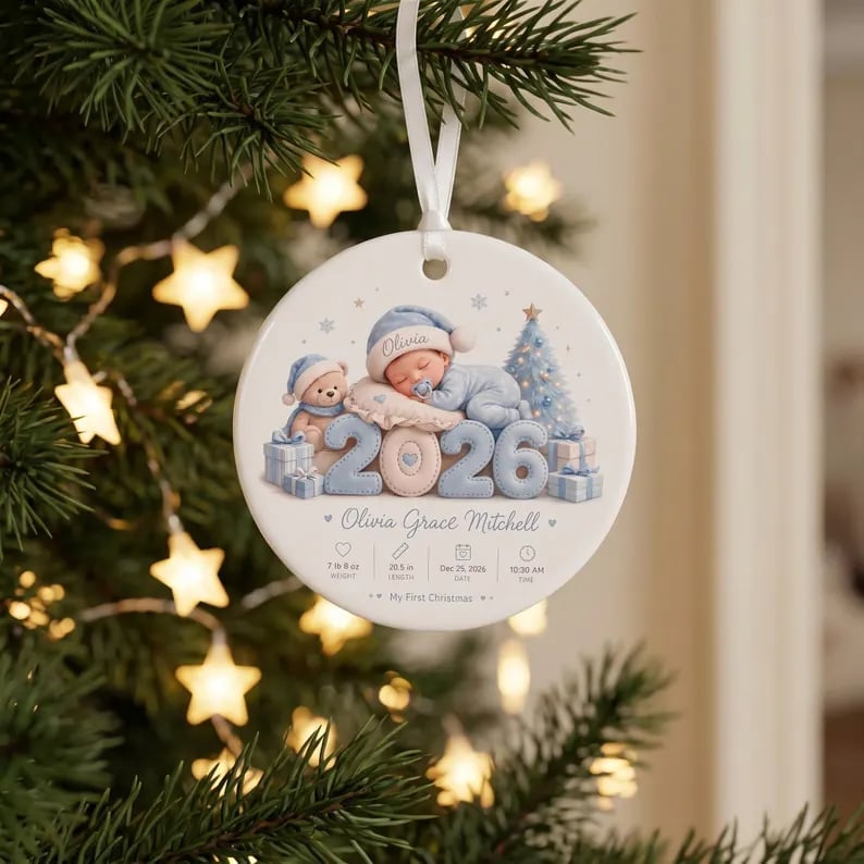 Custom New Baby Ornament Ceramic Personalized Christmas Birth Announcement Gift product image view 3