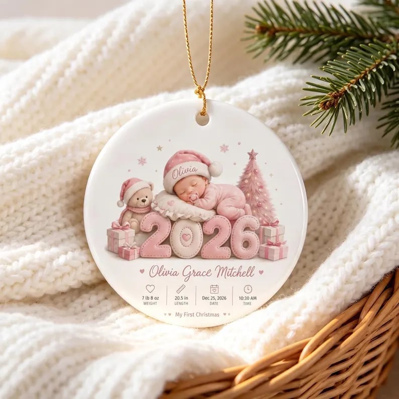 Custom New Baby Ornament Ceramic Personalized Christmas Birth Announcement Gift main product image